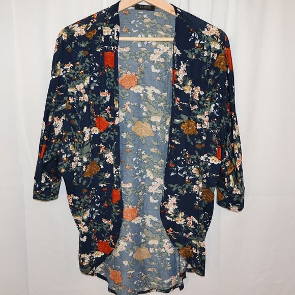 Scobe Kimomo Size Medium Open Front Blazer Blue Floral Rayon Asymmetric Hem - Picture 2 of 13